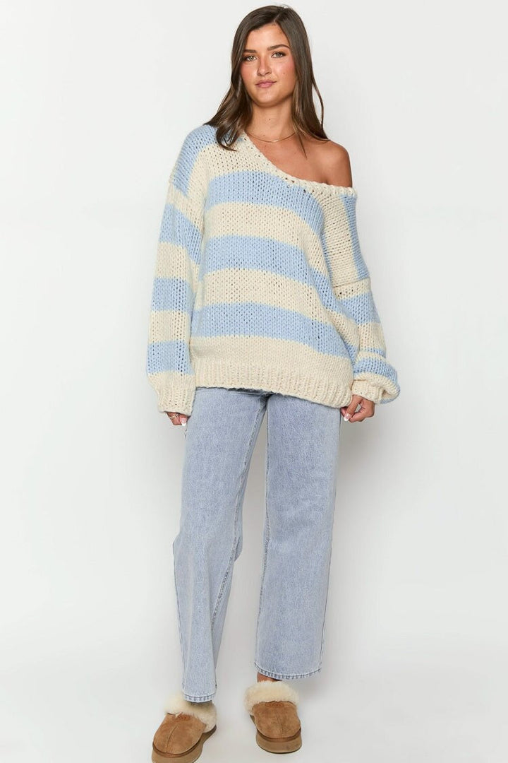 Gemütlicher Schulterfreier Gestreifter Strickpullover für Herbstlagen