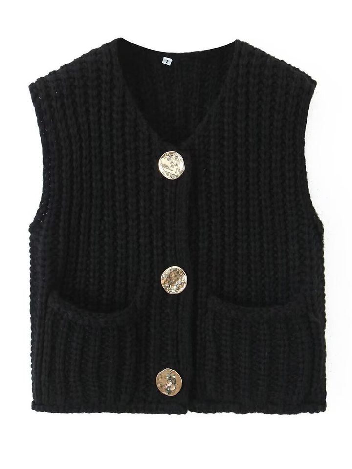 Damen Strickcardigan Ärmellos Mit Knöpfen Und Taschen
