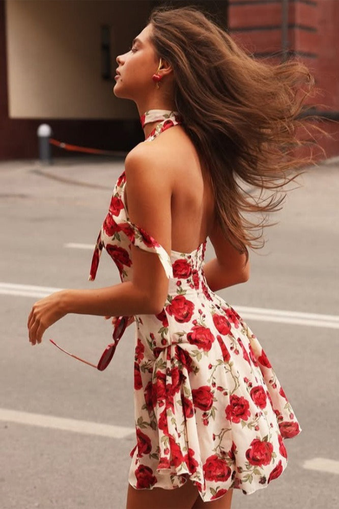 Damenkleid mit Halterneck, Allover-Print und kurzer Länge in Rückansicht