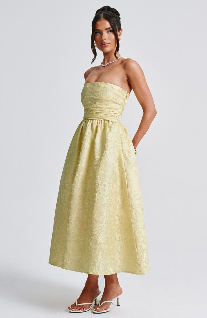 Floraler Jacquard Trägerloser Plissierter Midikleid Zitrone