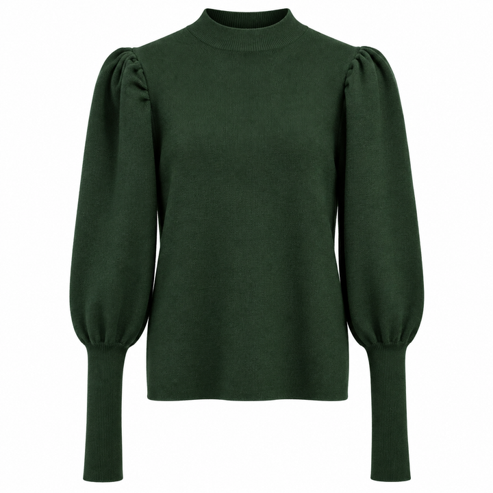 Women's Ribbed Knit Sweater With Stand-Up Collar And Puff Sleeves