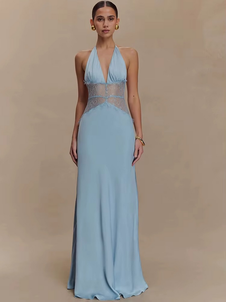 Maxikleid mit Neckholder, Spitzeneinsatz und freiem Rücken