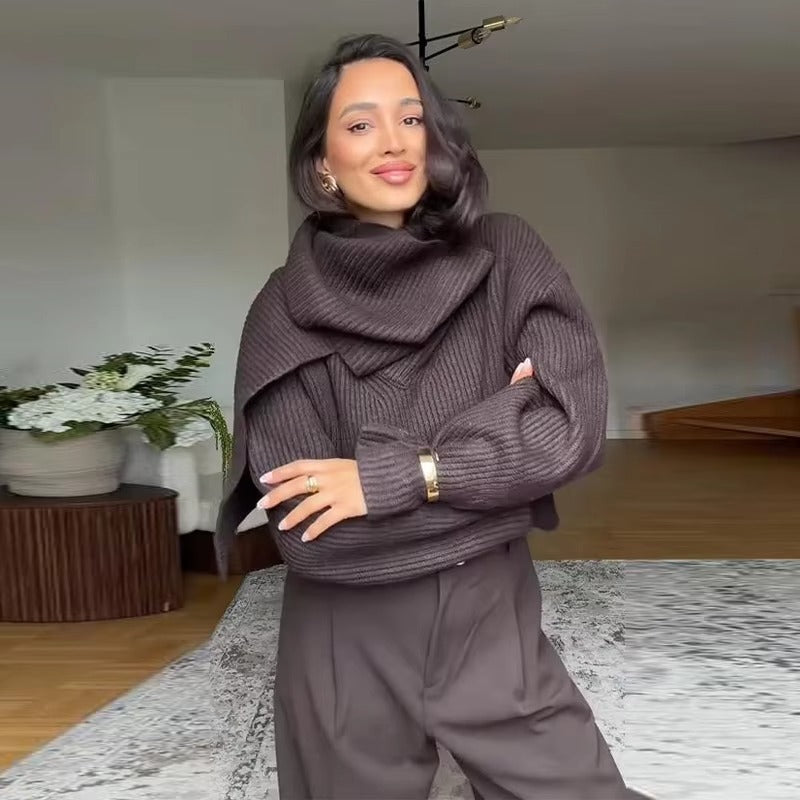 Schokoladenbrauner gerippter Pullover mit angenähtem Schal