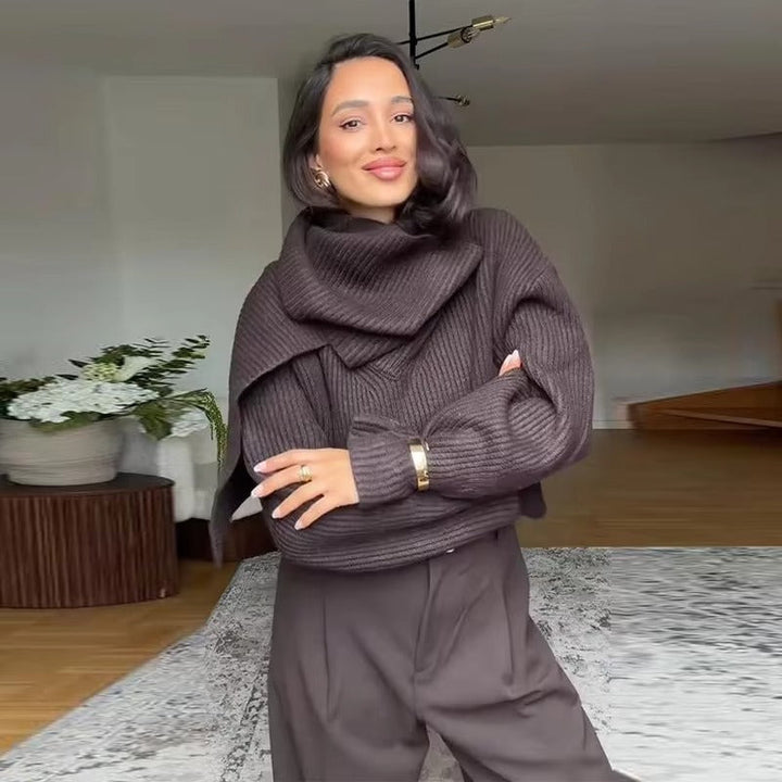 Schokoladenbrauner gerippter Pullover mit angenähtem Schal