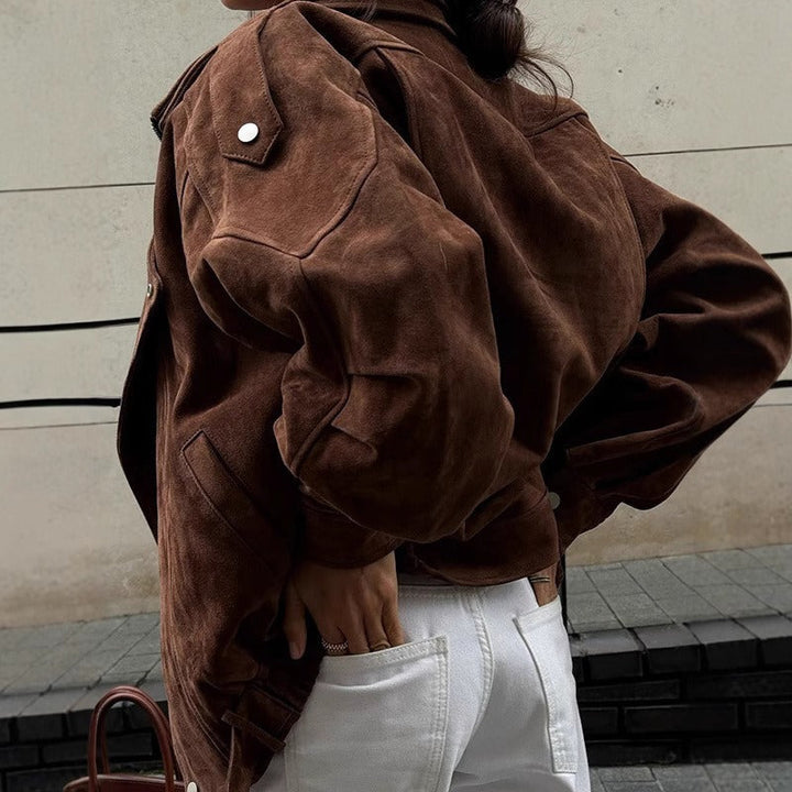 Übergroße Bomberjacke im Wildleder-Look mit asymmetrischem Reißverschluss