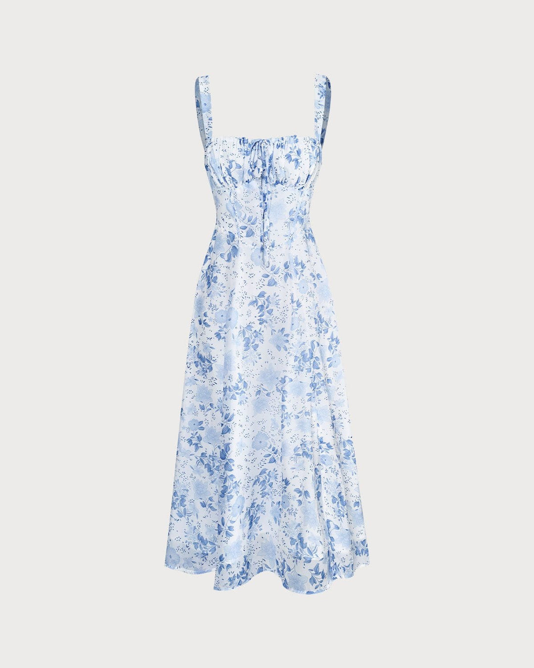 Blaues Midikleid mit Blumenmuster, eckigem Ausschnitt und gerafftem Design