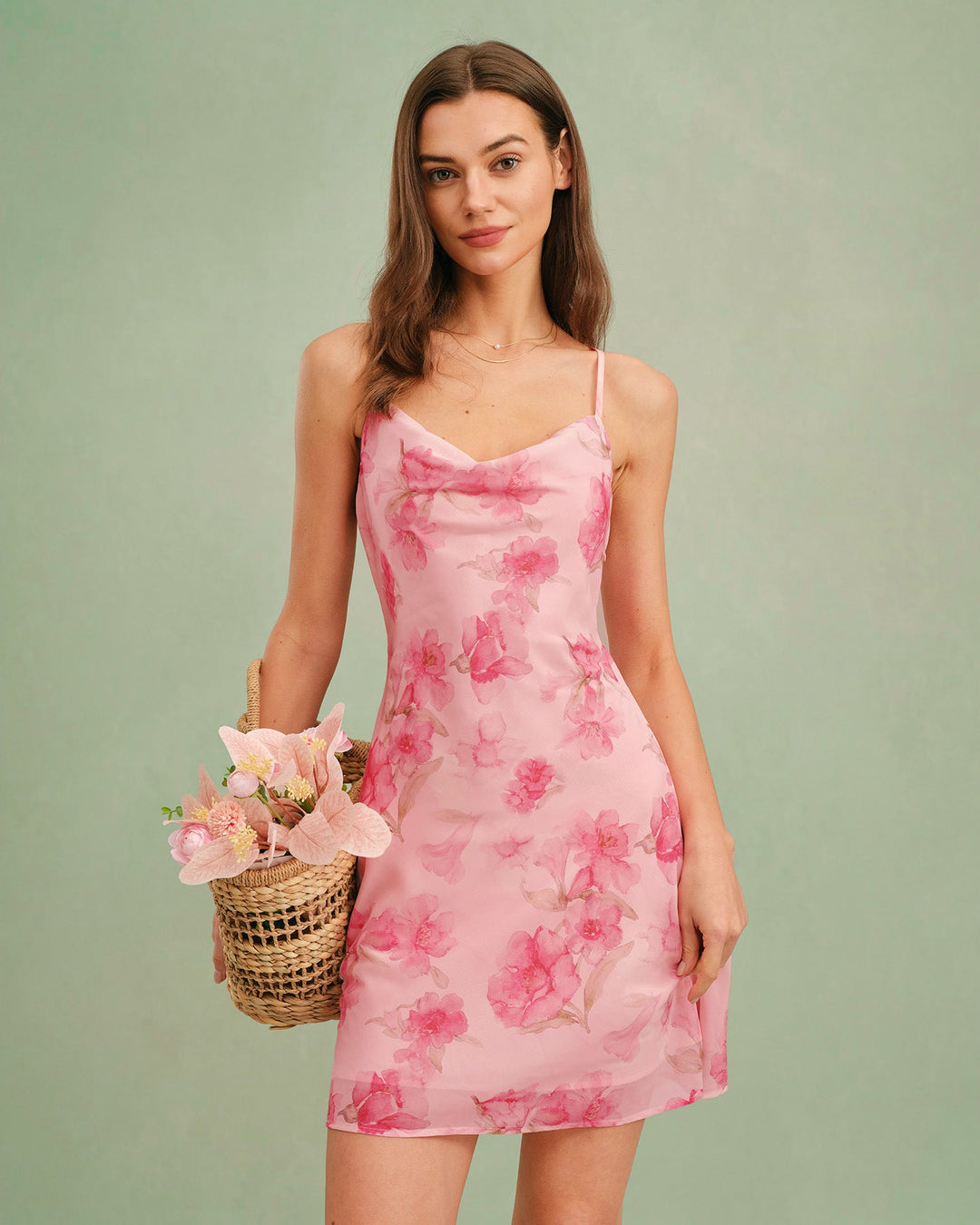 Rosa Blumen Trägerloses Minikleid mit Wasserfallausschnitt