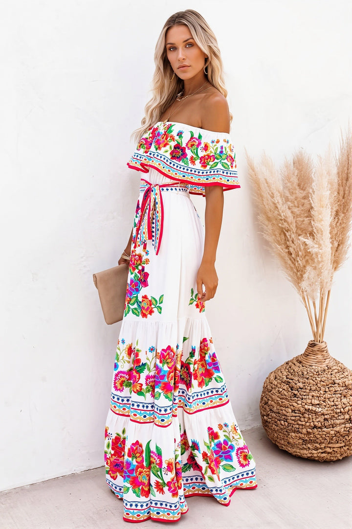 Off-Shoulder Damenkleid mit Blumenmuster und voluminösen Volants
