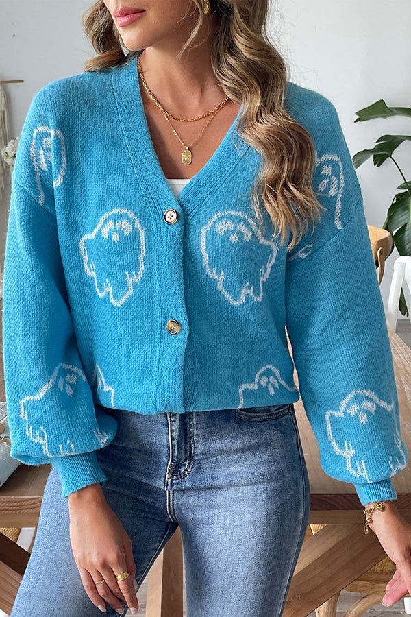 Gemütlicher Halloween-Geister-Strickpullover mit Knopfleiste