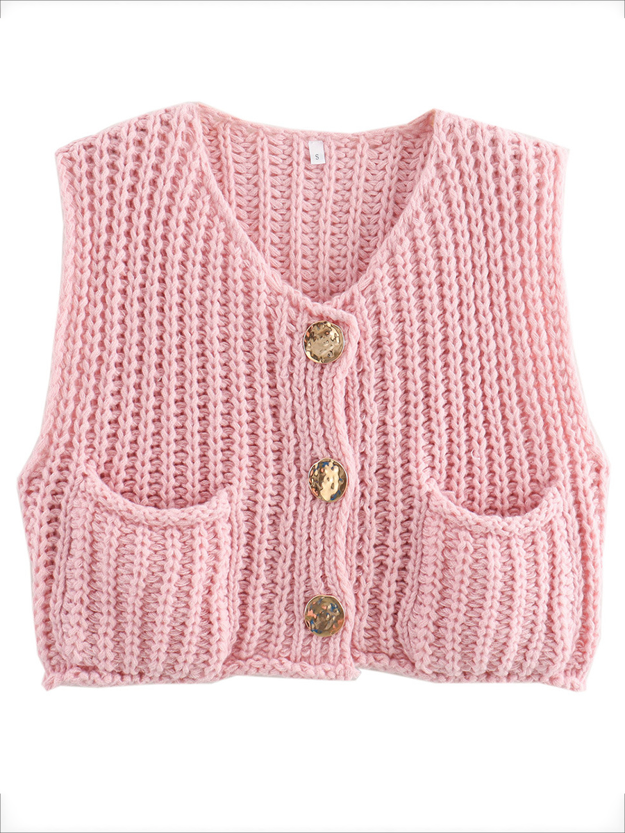 Damen Strickcardigan Ärmellos Mit Knöpfen Und Taschen