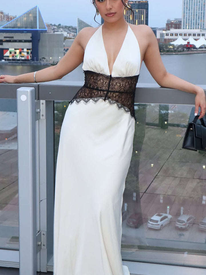 Maxikleid mit Neckholder, Spitzeneinsatz und freiem Rücken