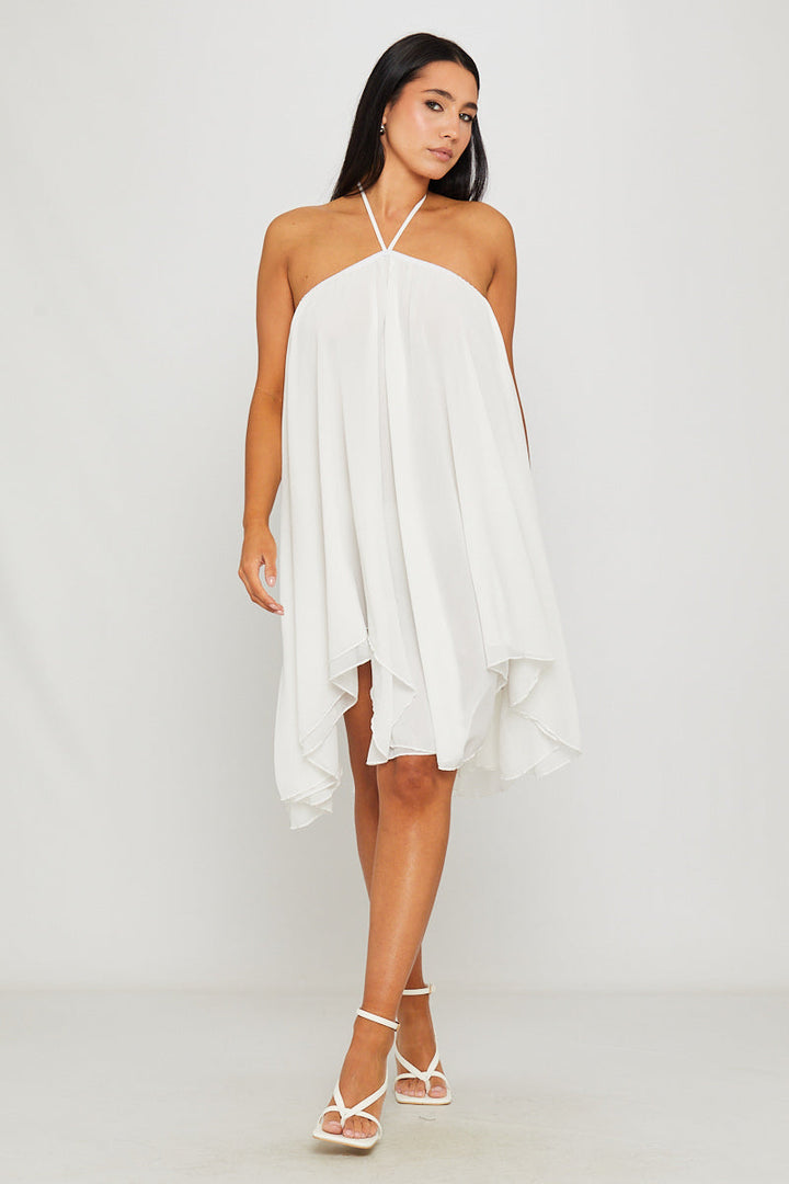 Weißes Chiffon-Minikleid mit Neckholder und asymmetrischem Schnitt