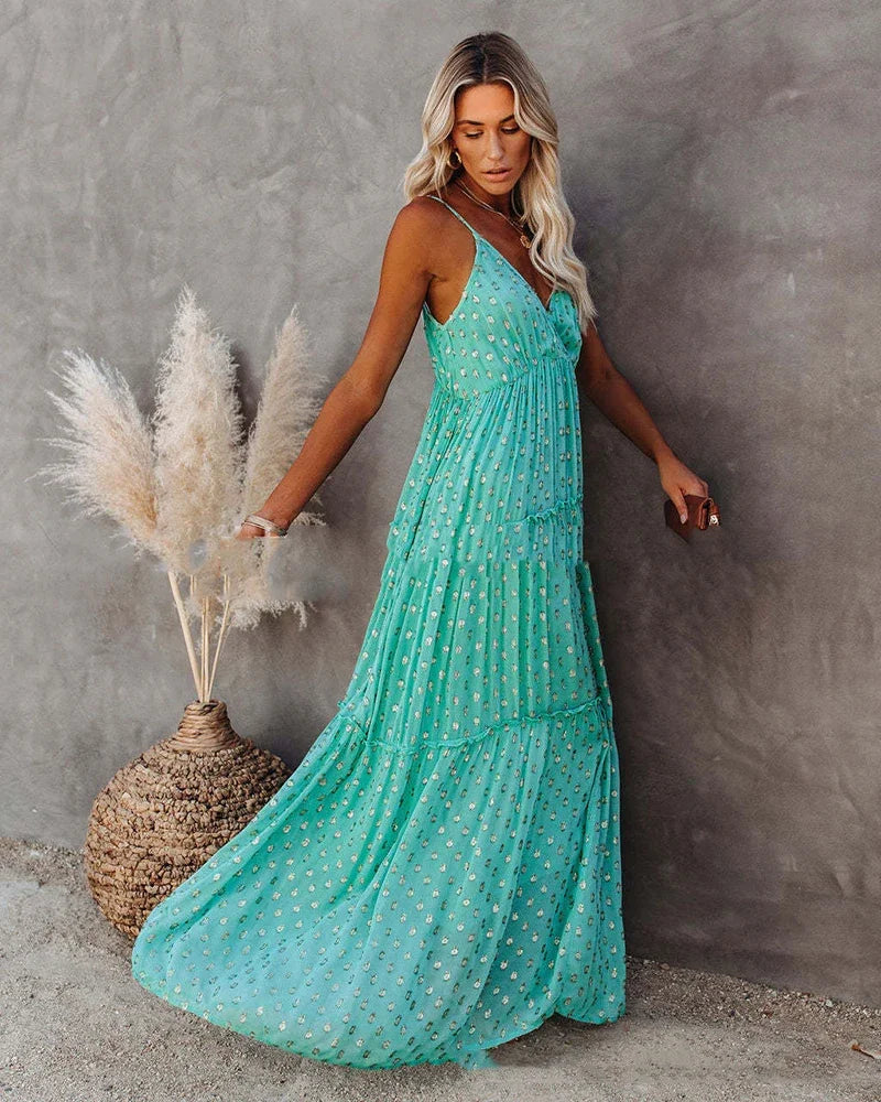 Boho-Chic grünes Maxi-Sommerkleid
