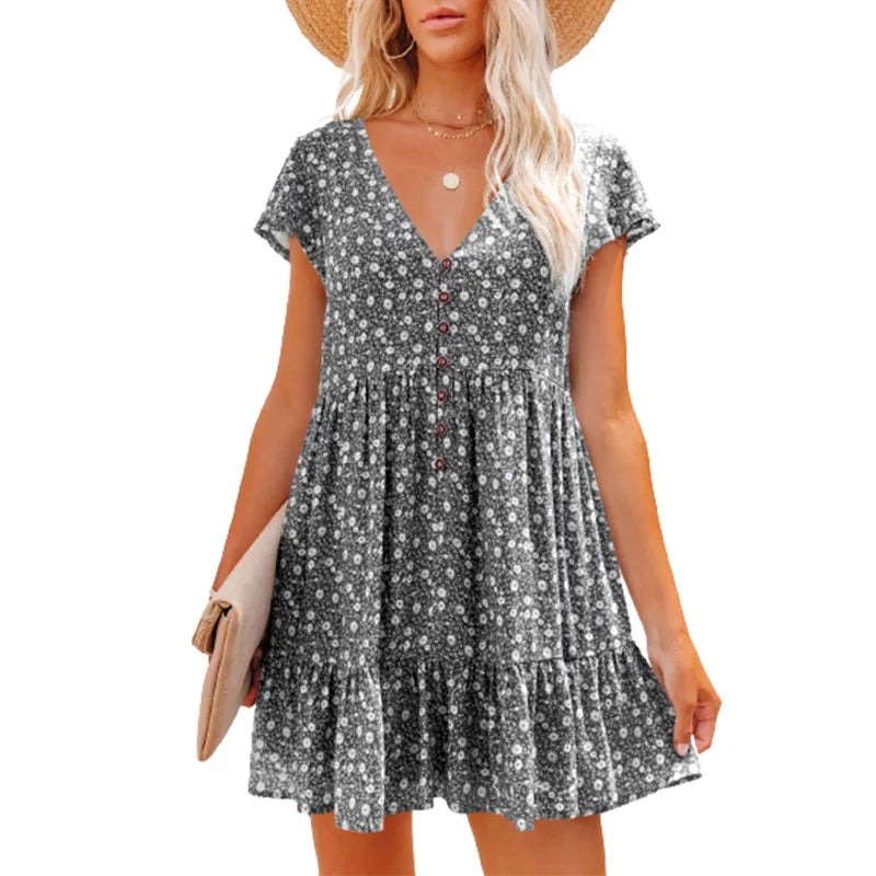 Damen Sommer Blumen V-Ausschnitt Falten Mini Kleid
