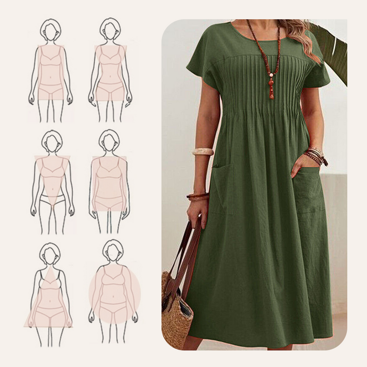 Faltiges Midi-Kleid mit kurzen Ärmeln und Taschen
