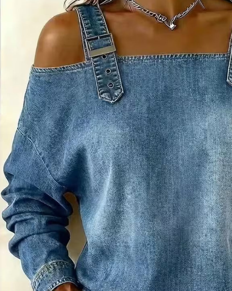 Jeansbluse für Damen in Denim-Optik mit schulterfreiem Design