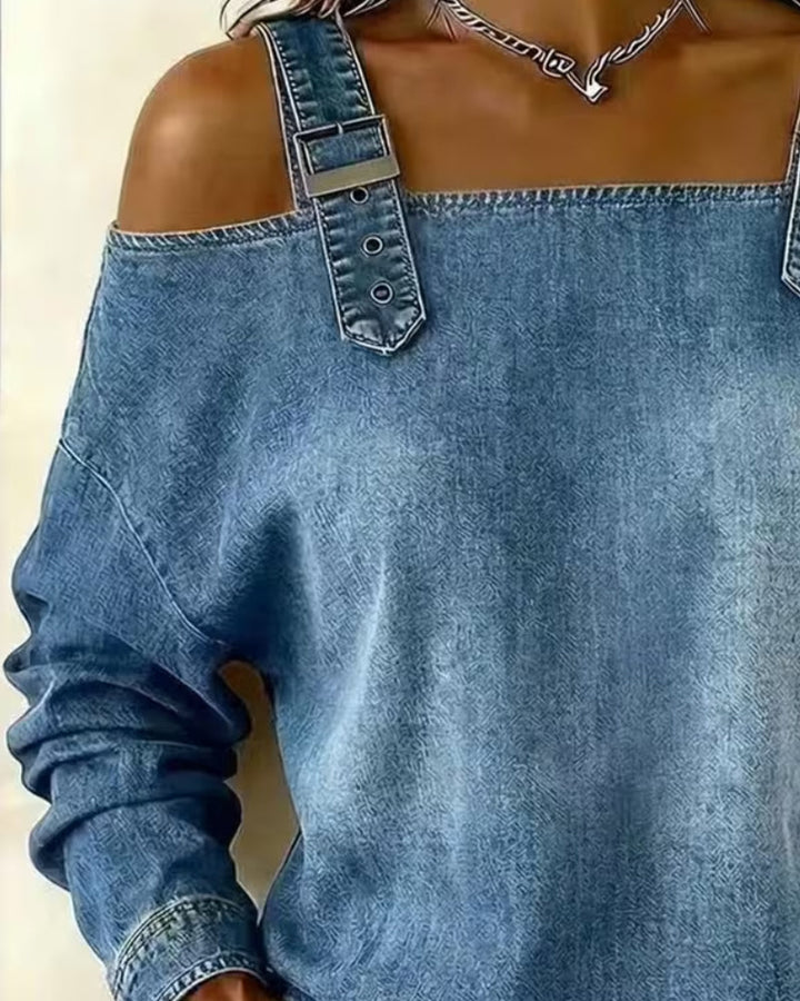Jeansbluse für Damen in Denim-Optik mit schulterfreiem Design