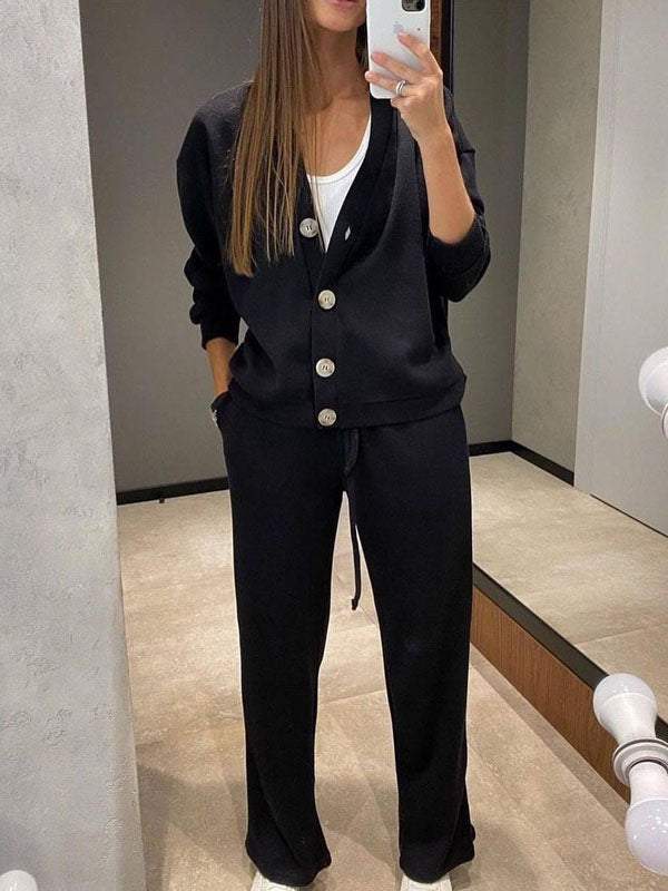 Gemütliches lässiges V-Ausschnitt Pullover- und Hose-Set