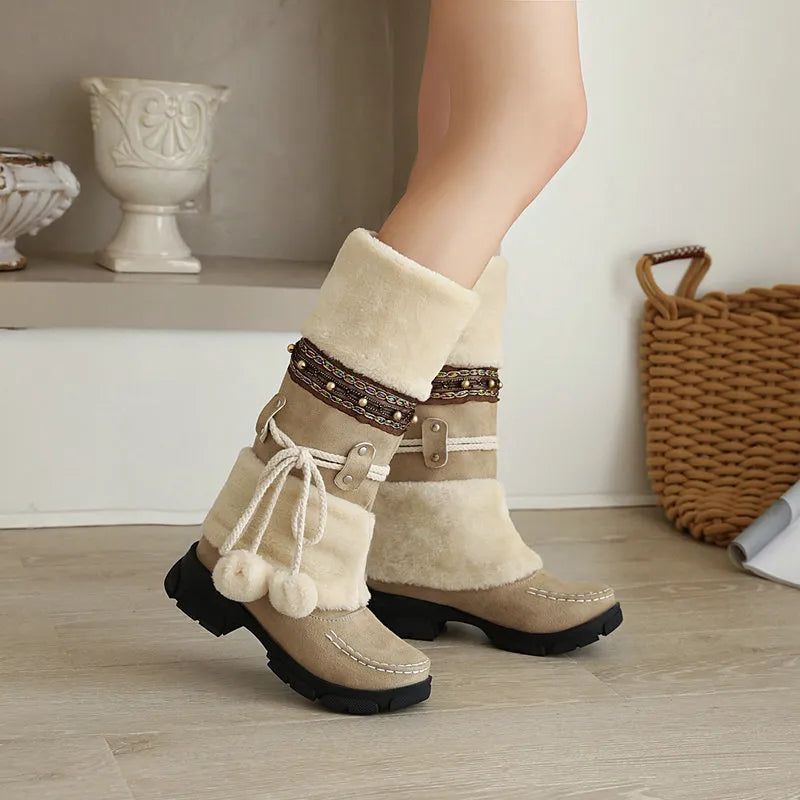 Boho Chic Kunstleder Kniehohe Winterstiefel