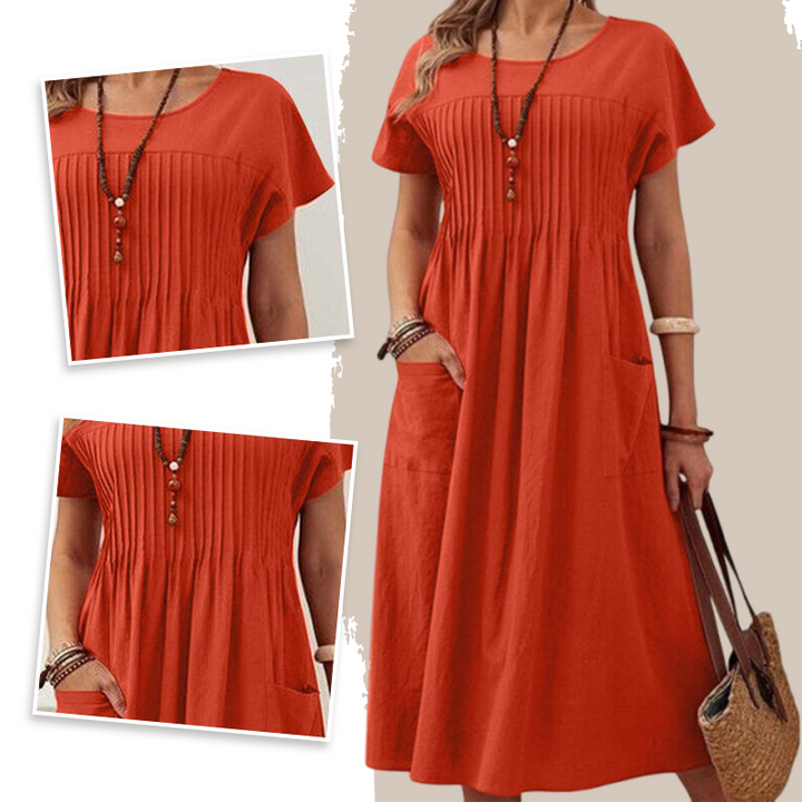 Faltiges Midi-Kleid mit kurzen Ärmeln und Taschen