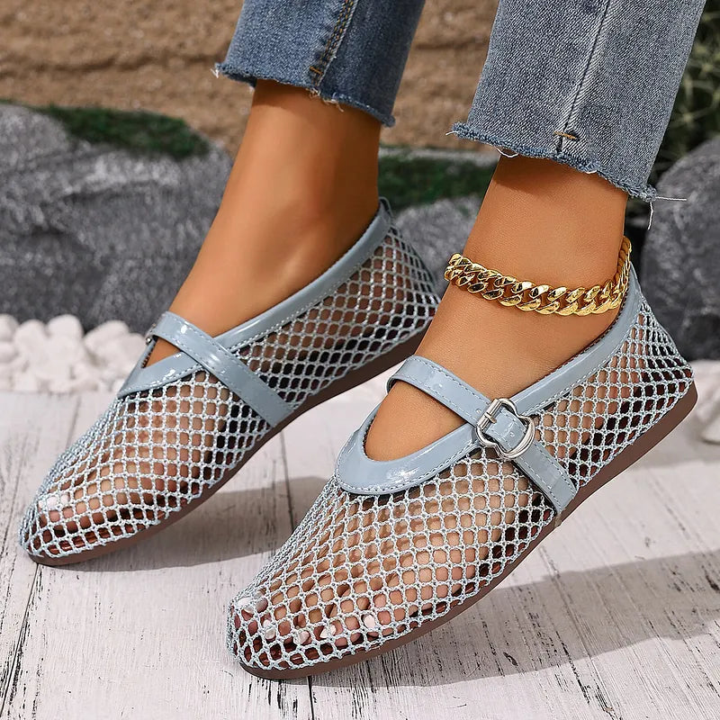 Damen Mary Jane Ballerinas Aus Mesh Mit Flacher Sohle