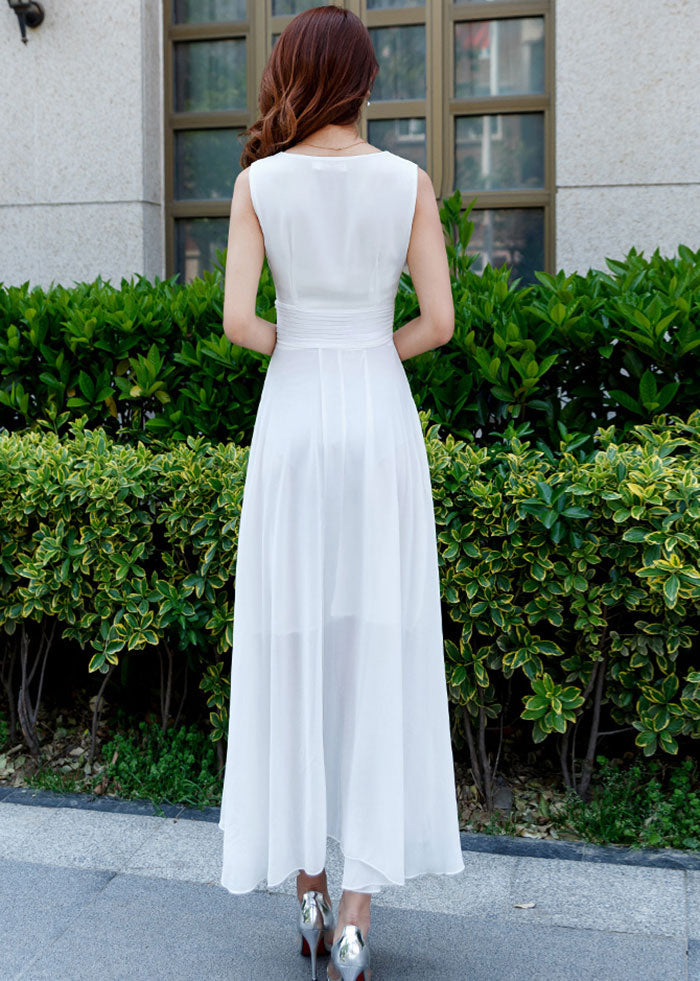 Weißes ärmelloses Maxikleid aus Chiffon mit hoher Taille