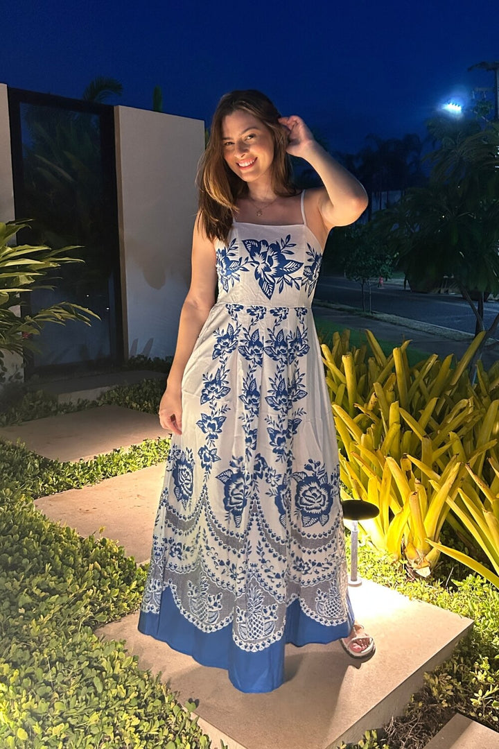Polyester Spaghettiträger Midi Kleid Blau