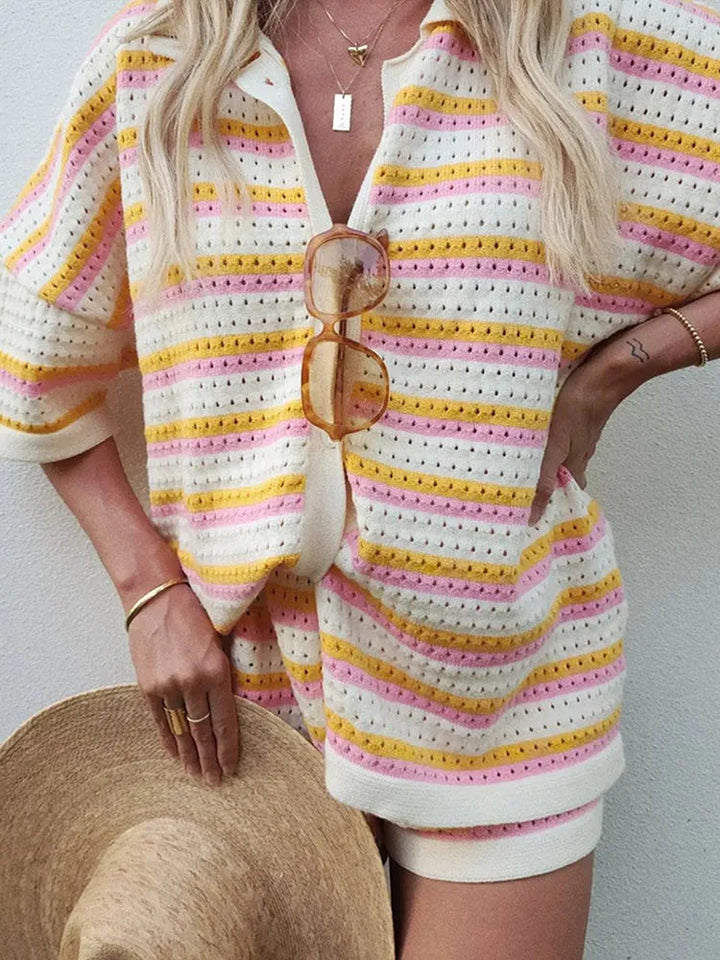 Damen gestricktes gestreiftes Cardigan- und Shorts-Set