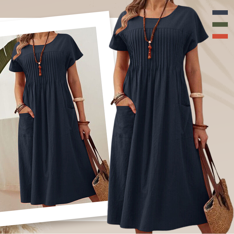 Faltiges Midi-Kleid mit kurzen Ärmeln und Taschen