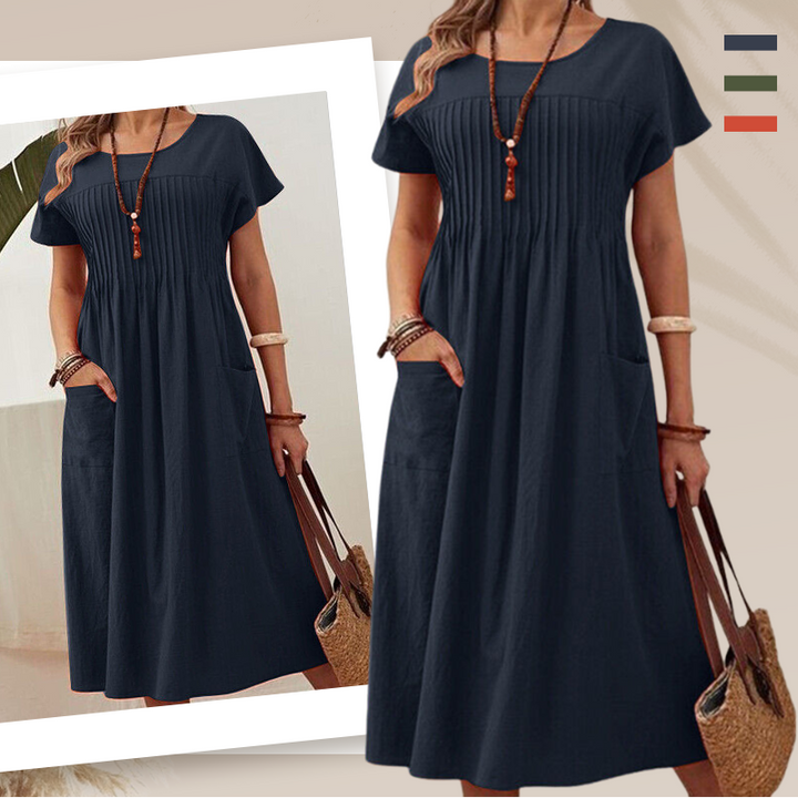 Faltiges Midi-Kleid mit kurzen Ärmeln und Taschen