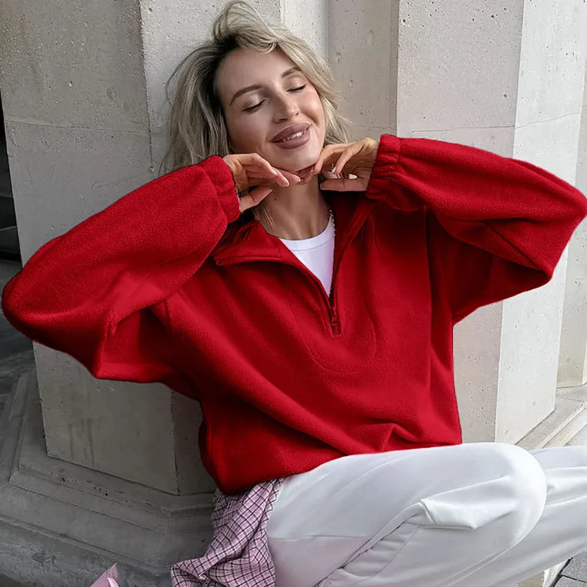 Damen Fleece Sweatshirt Stehkragen Reißverschluss Lässige Passform