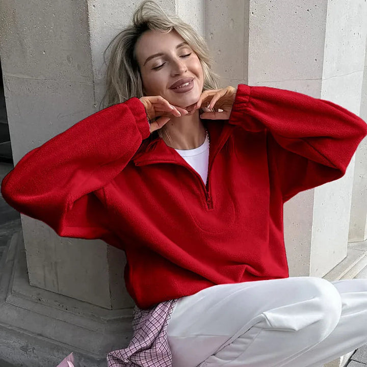 Damen Fleece Sweatshirt Stehkragen Reißverschluss Lässige Passform