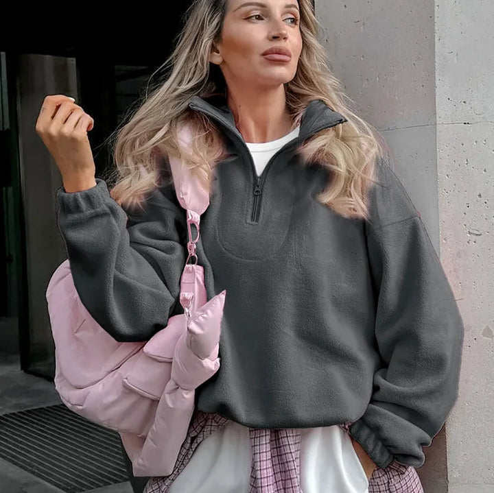 Damen Fleece Sweatshirt Stehkragen Reißverschluss Lässige Passform