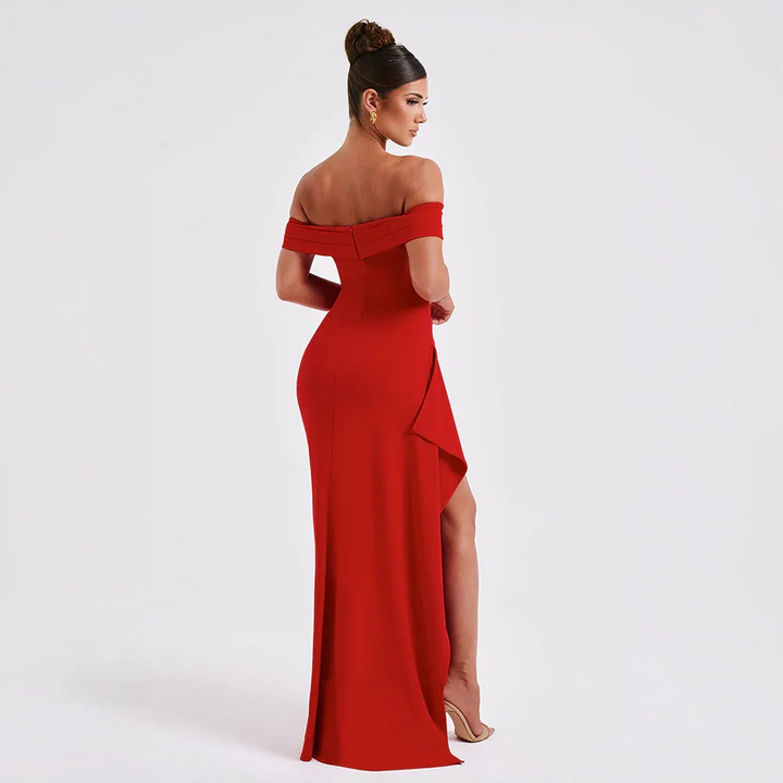 Maxi-Kleid mit seitlichem Schlitz und schulterfreiem Ausschnitt