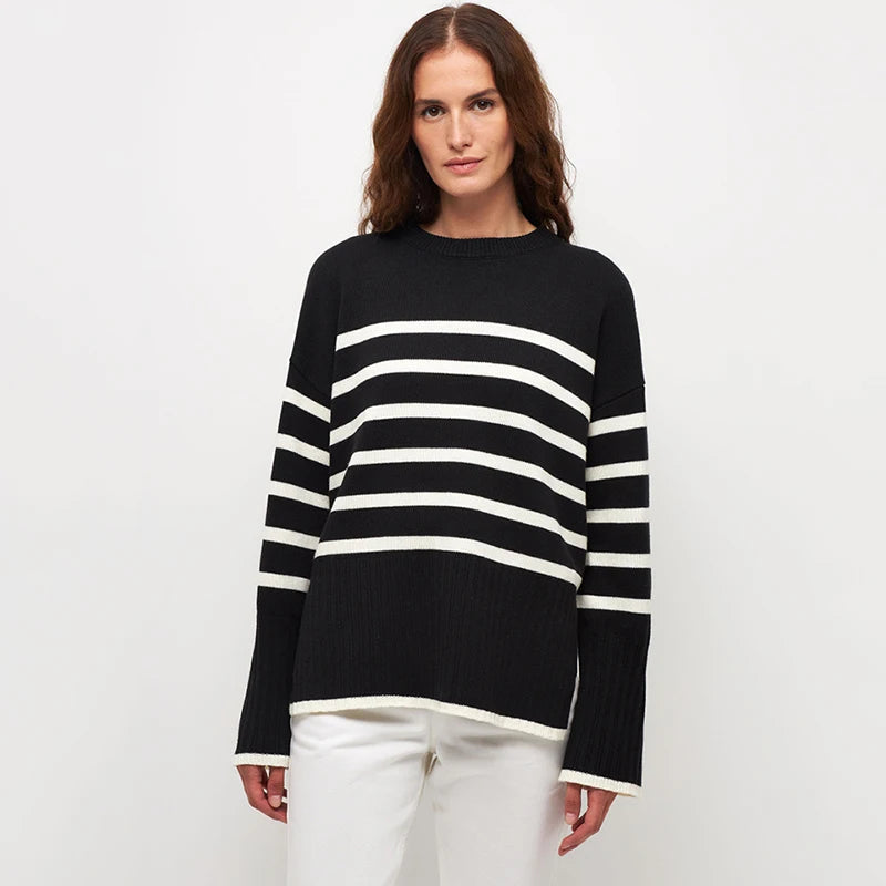 Damen Oversized Gestreifter Strickpullover