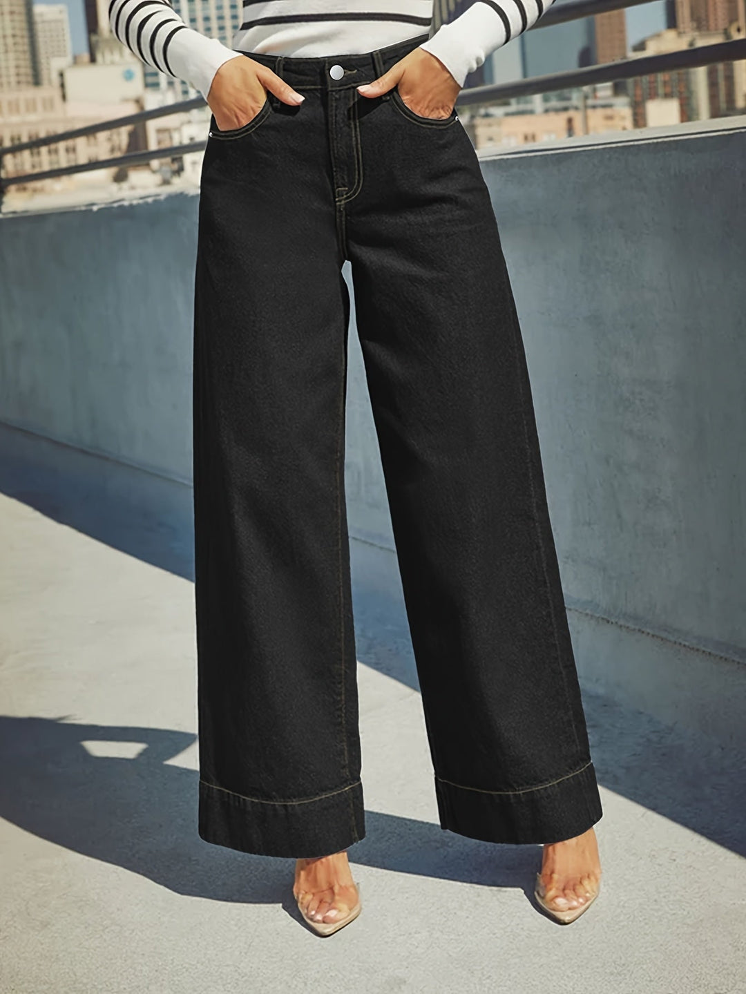 High-Waist Weite Stretch-Denim-Jeans mit umgeschlagenem Saum