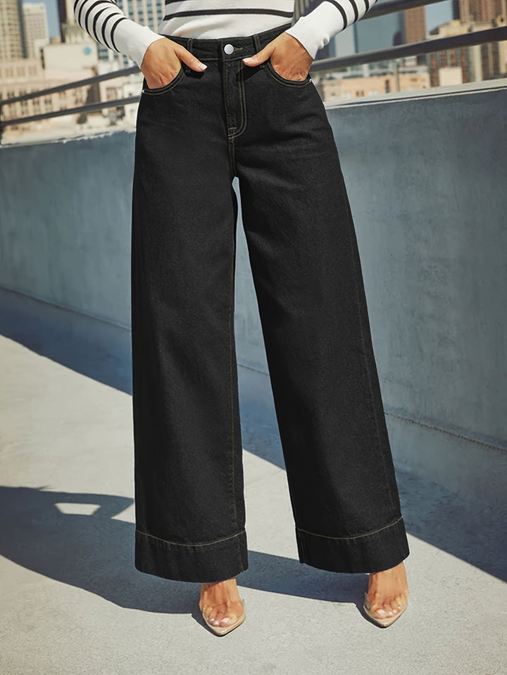 High-Waist Weite Stretch-Denim-Jeans mit umgeschlagenem Saum