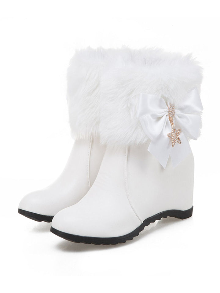 Vintage Keilabsatzstiefel aus Kunstpelz mit Schleifen- und Stern-Detail