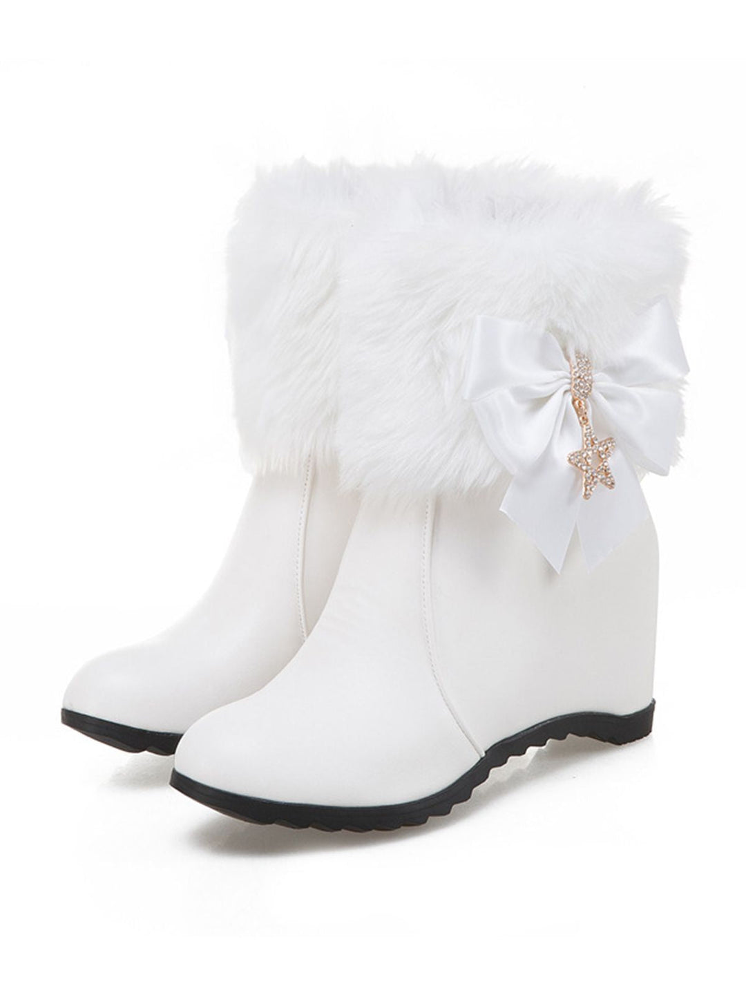 Vintage Keilabsatzstiefel aus Kunstpelz mit Schleifen- und Stern-Detail