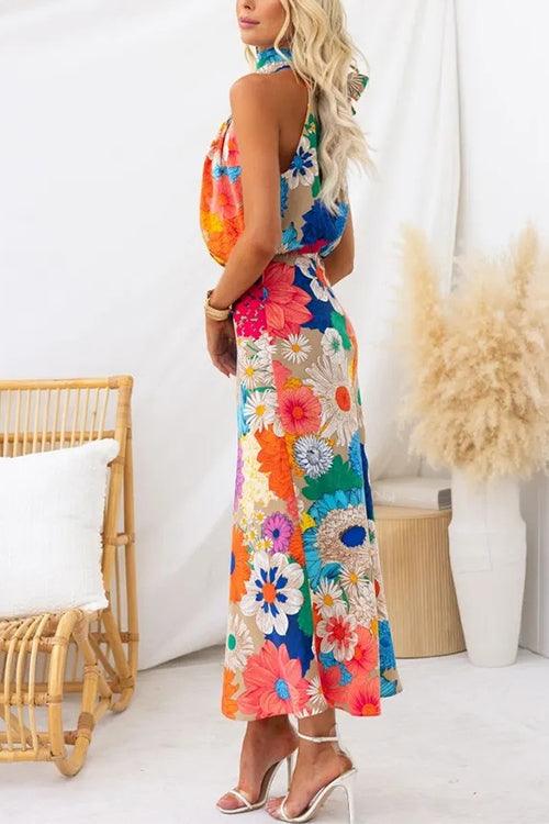 Ärmelloses Maxikleid mit Blumenmuster und Schleifenkragen
