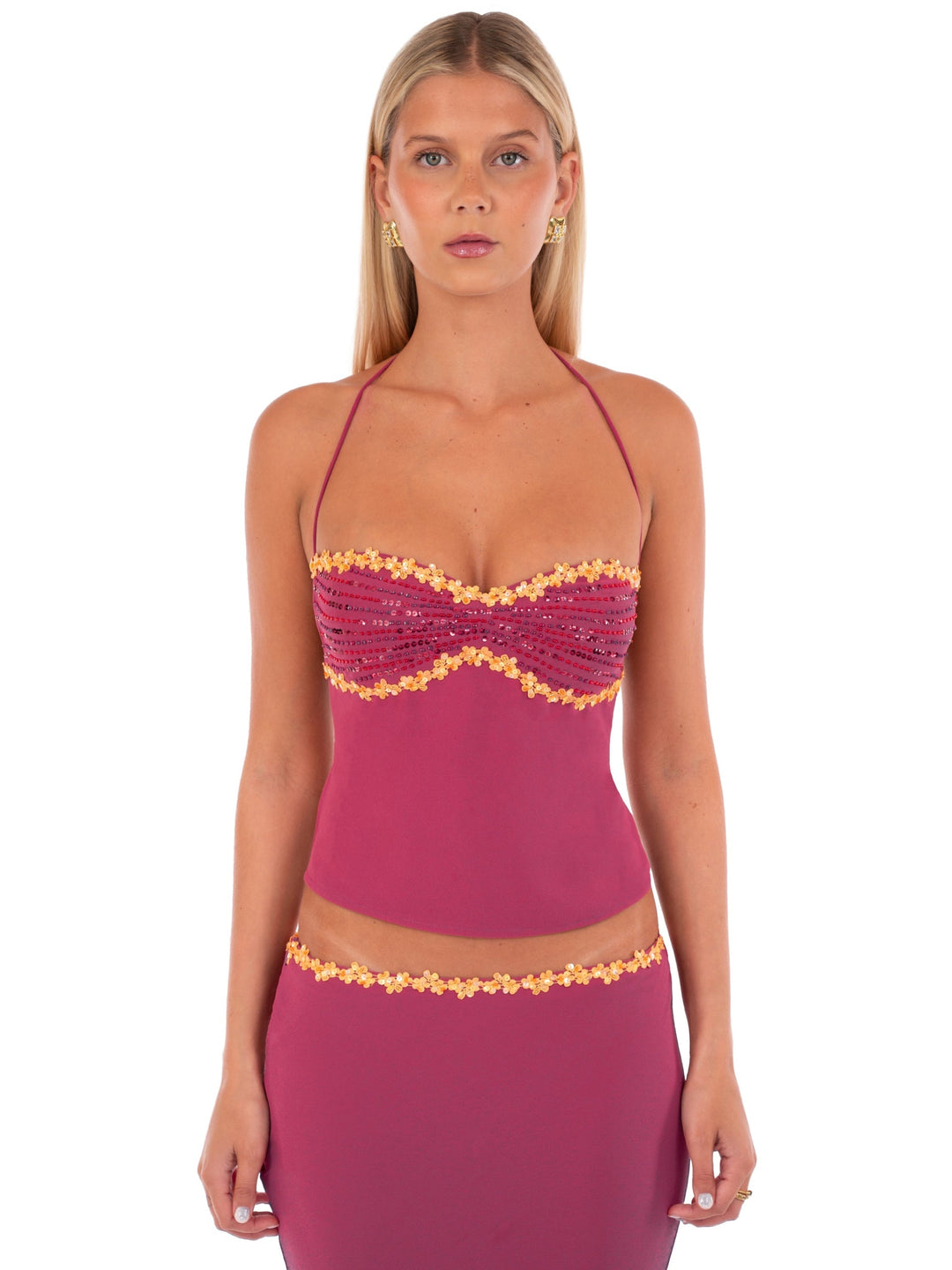 Damen Crop-Top und Shorts Set mit Sonnenuntergangsprint