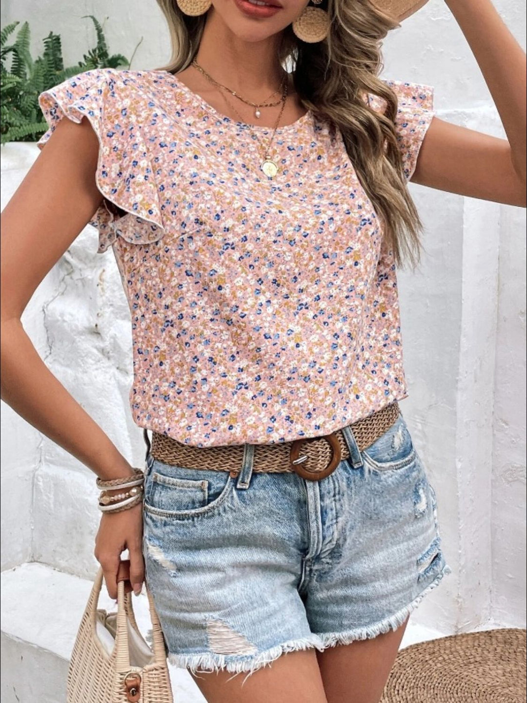 Kleines Blumenmuster Top mit Cap-Ärmeln und rundem Ausschnitt