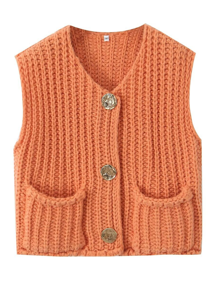 Damen Strickcardigan Ärmellos Mit Knöpfen Und Taschen