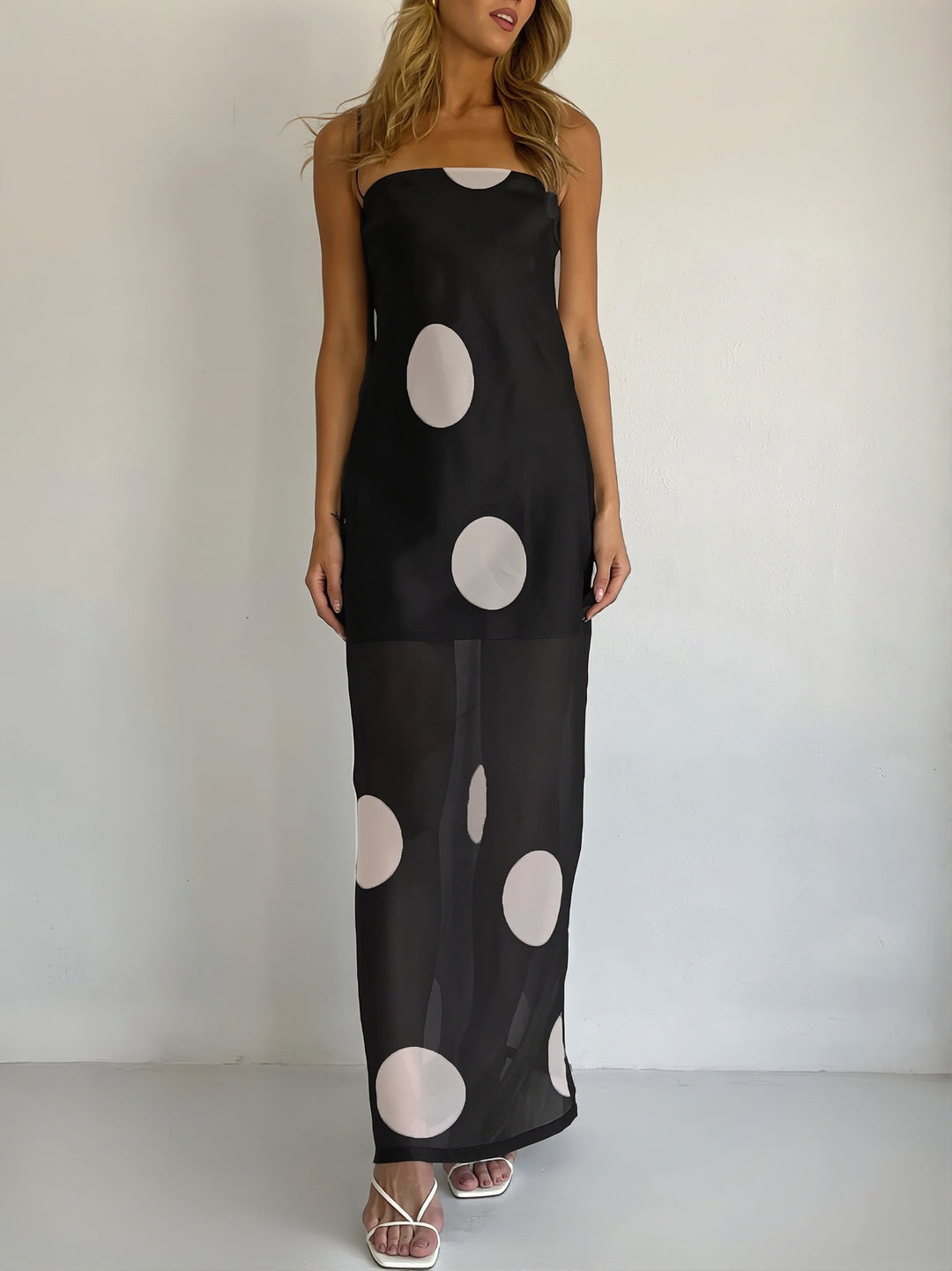 Damen Maxikleid Mit Punkten Und Schulterfreiem Slim Fit
