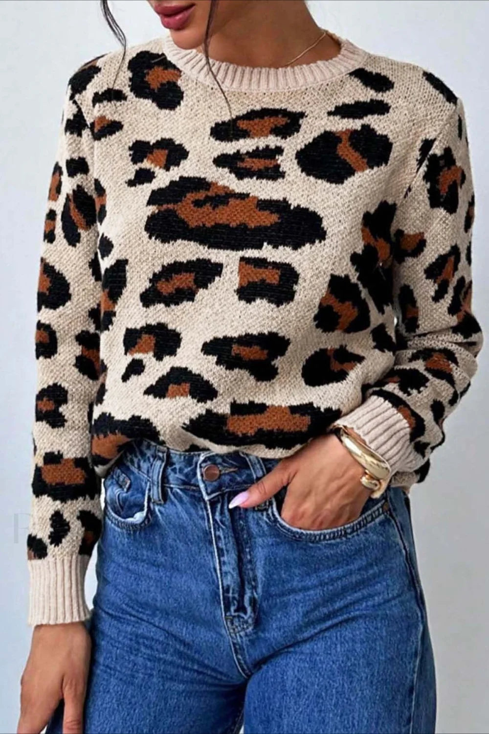 Schicker Pullover mit Farbfeld und Leopardenmuster und Rundhalsausschnitt