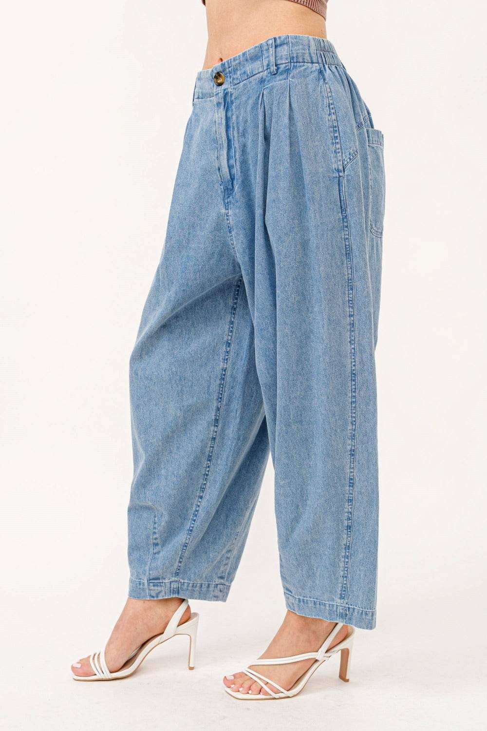Damen Elastische Taille Faltenlockige Baggy-Jeans