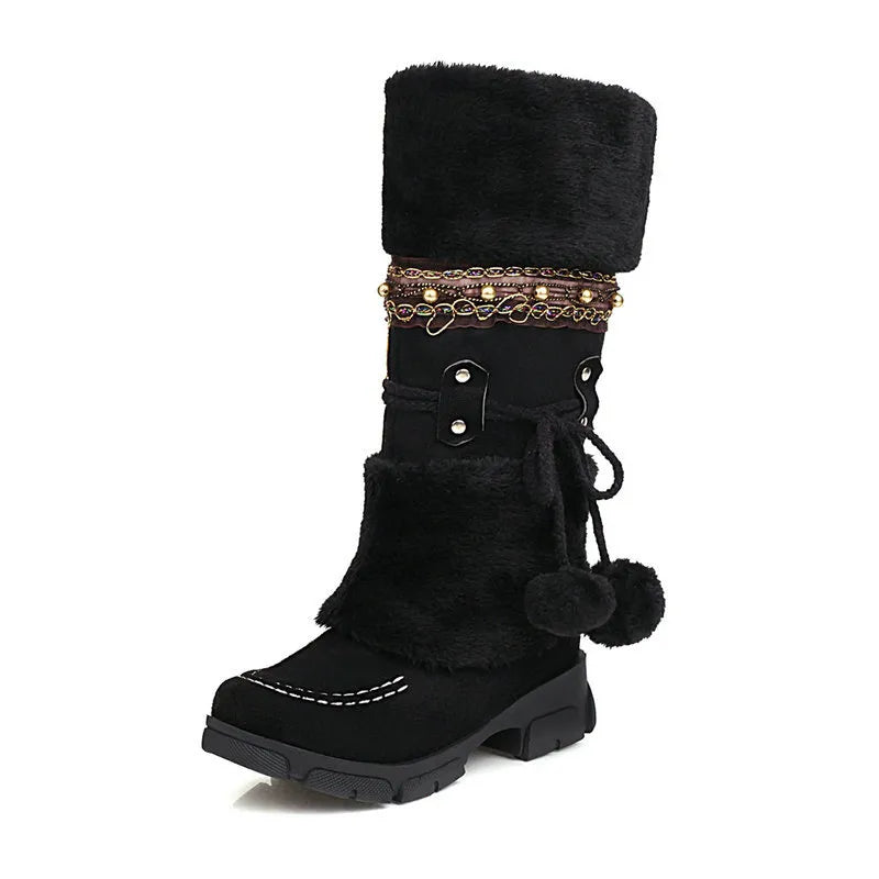 Boho Chic Kunstleder Kniehohe Winterstiefel