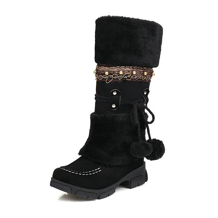 Boho Chic Kunstleder Kniehohe Winterstiefel
