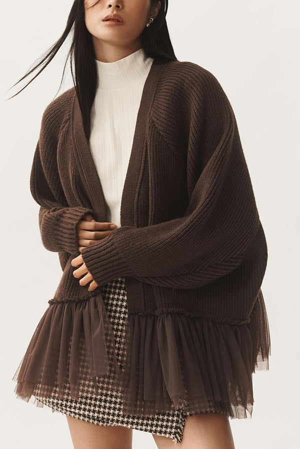 Strick-Cardigan mit Mesh-Rüsche und langen Ärmeln