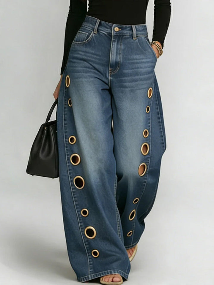 Damen High-Waist Weitbein Freizeithose Jeans